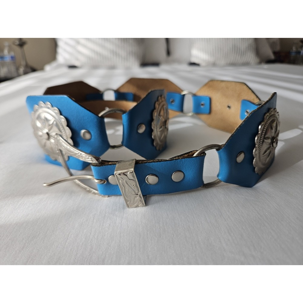 Vtg Blue Leather Octagon Concho Western Boho Hippie Silver Buckle Belt - Picture 3 of 11